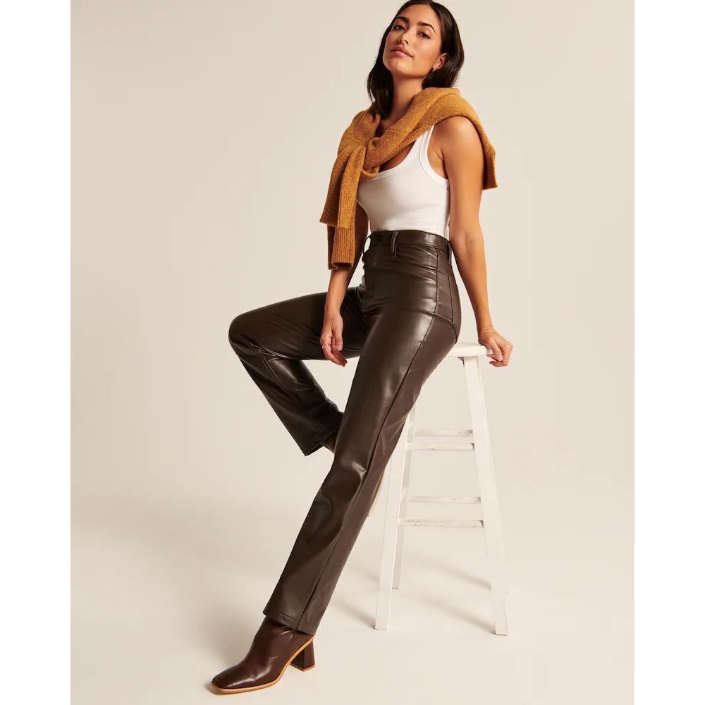 Abercrombie and Fitch Womens Brown Faux Leather Ultra High-Rise Straight Leg Pan